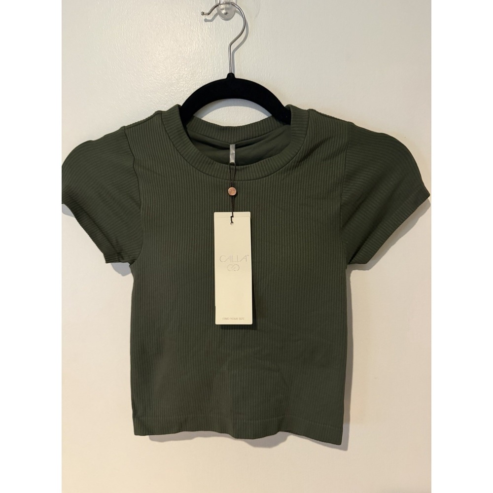 Calia Women Seamless Crop Tee XXS Deep Green Ribbed Activewear Built In Bra
